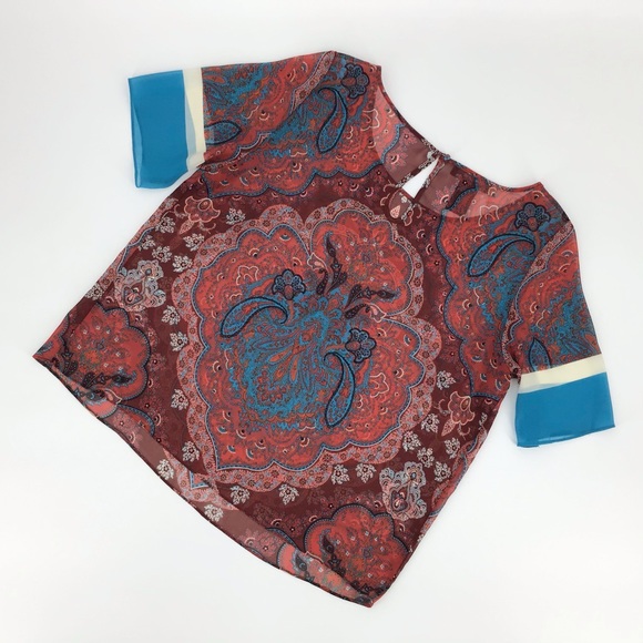 INC Sheer Red Paisley Short Sleeve Top, 12 - Picture 11 of 16